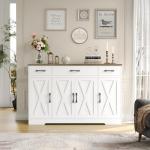 Buffet Cabinet with Drawers, 55" Large Sideboard Buffet Storage Cabinet with Shelves and Doors, Dining Room, White/Rustic