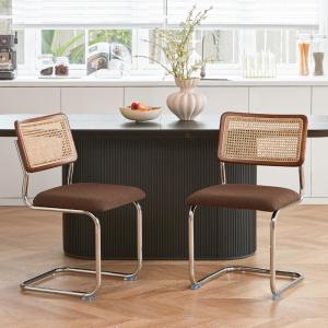 Brown Rattan Dining Chairs Set of 2, Wooden Mid-Century Modern Kitchen Chairs, Mesh Back Cane Dining Room Chairs, Cesca Chair wi