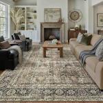 PureCozy Vintage Area Rug 9x12 Brown Washable Living Room Large Carpet Non Slip Bedroom Indoor Office Low Pile Traditional Distressed Retro Accent Rug for Dining Room