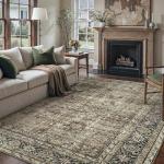 PureCozy Vintage Area Rug 9x12 Brown Washable Living Room Large Carpet Non Slip Bedroom Indoor Office Low Pile Traditional Distressed Retro Accent Rug for Dining Room