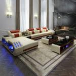 LED Lighted Sofa Set with Recliner, Speaker & USB Ports | Genuine Leather Sectional Couch with Console & Adjustable Headrests