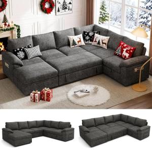 SUAWY 108 Inch Sectional Sleeper Sofa with Pull Out Bed, U Shaped 7 Seat Modular Sectional Sofa with Storage, Sectional Couches for Living Room, Cloud Modular Couch,Removable Sofa Cover, Dark Grey
