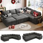 SUAWY 108 Inch Sectional Sleeper Sofa with Pull Out Bed, U Shaped 7 Seat Modular Sectional Sofa with Storage, Sectional Couches for Living Room, Cloud Modular Couch,Removable Sofa Cover, Dark Grey