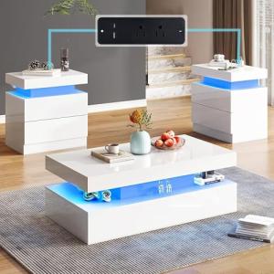 AMERLIFE High Gloss 3 Pieces Living Room Table Set, Modern LED Coffee Table Sets of 3, 2-Tier Center Table with 2 End Side Tables, LED Lights Bedside Table Nightstands with Charging Station, White
