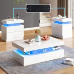 AMERLIFE High Gloss 3 Pieces Living Room Table Set, Modern LED Coffee Table Sets of 3, 2-Tier Center Table with 2 End Side Tables, LED Lights Bedside Table Nightstands with Charging Station, White