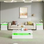 AMERLIFE High Gloss 3 Pieces Living Room Table Set, Modern LED Coffee Table Sets of 3, 2-Tier Center Table with 2 End Side Tables, LED Lights Bedside Table Nightstands with Charging Station, White