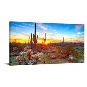 sechars Arizona Sonoran Desert Wall Art Botanical Cactus in Sunset Landscape Pictures Painting Canvas Print Southwest Decor for Office Living Room Ready to Hang 24x48 Inch