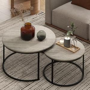 Otterease Nesting Tables Set of 2, 31.5" Round Coffee Table, Small Nesting Coffee Table with Adjustable Non-Slip Fee, Wood Grain Top Nesting Tables for Living Room, Bedroom (Wood Grain Grey)