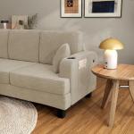 Homes: Inside + Out Reese Modern Plush Chenille Couch with Side Pockets, Cup Holders and USB Ports, Wooden Comfortable Sofa for Living Room, Bedroom and Office, Beige