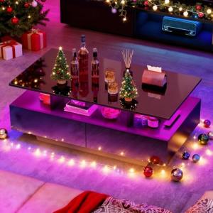 YITAHOME LED Coffee Table with Storage, High Glossy LED Coffee Tables for Living Room, Modern Black Rectangle Coffe Table, Small Center Table with Open Display Shelf & 4 Sliding Drawers, Glossy Black