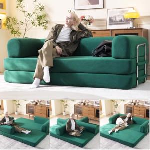 WHGBJA 79" Convertible Sleeper Sofa Bed with Cylindrical Pillow, Corduroy Folding Mattress Couch with Fixed-Shape Frame, Floor Sofa Lounge Couch for Living Room Bedroom Lounge Studio (Green)