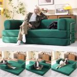 WHGBJA 79" Convertible Sleeper Sofa Bed with Cylindrical Pillow, Corduroy Folding Mattress Couch with Fixed-Shape Frame, Floor Sofa Lounge Couch for Living Room Bedroom Lounge Studio (Green)