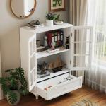 Minimalist White Buffet Cabinet with Double Glass Doors and Drawer, Modern Wooden Storage Sideboard Cupboard