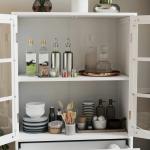 Minimalist White Buffet Cabinet with Double Glass Doors and Drawer, Modern Wooden Storage Sideboard Cupboard