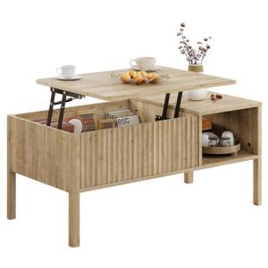 Fluted Lift Top Coffee Table with Hidden & Open Storage, Rectangle Modern Coffee Table for Living Room, Smooth Hydraulic Lift, Large Capacity, Safe Round Corner Easy to Clean, Vertical Grain-Natural