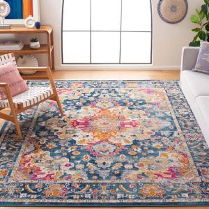 SAFAVIEH Madison Collection Area Rug - 9' x 12', Teal & Fuchsia, Boho Chic Medallion Design, Non-Shedding & Easy Care, Ideal for High Traffic Areas in Living Room, Bedroom (MAD154L)