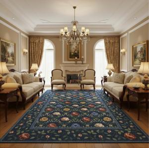 GarveeHome 8x10 Washable Area Rugs for Living Room, Navy Blue Boho Floral Rugs Non Slip Soft Low Pile Indoor Stain Resistance Vintage Floral Design Large Carpet for Bedroom Dining Room Office