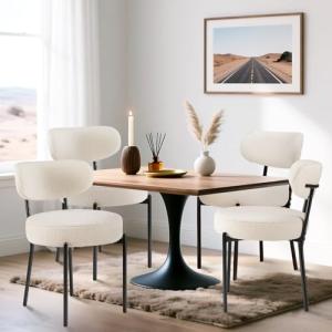 DUMOS Dining Chairs Set of 4, Mid Century Modern Chair Round Upholstered Curved Backrest, Kitchen Vanity Living Room Chairs with Black Metal Legs，Light Beige