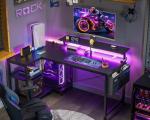 ODK 40 Inch Gaming Desk with USB Power Outlets and LED Lights, Reversible L Shaped Computer Desk with Storage Shelves & Monitor Stand, Corner Home Office Desk Table, Carbon Fiber Surface, Black