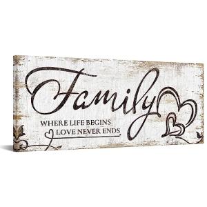 KREATIVE ARTS Large Home Family Wall Decor Rustic Home Sign Inspirational Quotes - Where Life Begins & Love Never Ends Canvas Wall Art Prints for Bedroom Living Room Kitchen 20x48 Inches