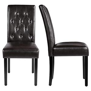 Yaheetech Upholstered Dining Chairs Set of 2 Modern Leather Parsons Kitchen Chairs with Button Tufted High Back and Solid Wood Legs and for Dining Room/Living Room/Restaurant, Brown