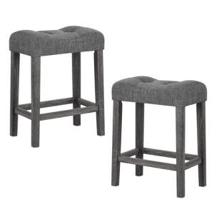 Giantex 24" Bar Stools Set of 2, Backless Counter Height Saddle Bar Stools w/Padded Seat, Solid Rubber Wood Legs, Farmhouse Linen Fabric Upholstered Barstools for Kitchen Counter Island, Cafe, Grey
