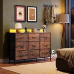 WLIVE TV Stand for 45, 50, 55 inch TV, Entertainment Center with LED Lights & Charging Station, TV Media Console Table with 9 Fabric Drawers and Open Shelves for Living Room, Hallway, Rustic Brown