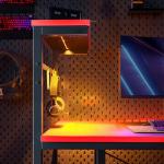 Bestier Gaming Desk with LED Lights, 44 Inch PC Gamer Desk for Small Spaces, Computer Desk with Reversible Storage Shelves & Side Storage Bag (Black 3D Carbon Fiber)