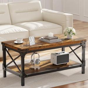 Rectangle Coffee Tables for Living Room, Wood Rectangular Coffee Table, 2 Tier Industrial Modern Center Table with Thickened Tabletop and Metal Frame, 40 inch Long (Rustic Brown)