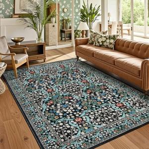 GarveeHome 8x10 Area Rugs, Washable Rugs for Living Room Non Slip Stain Resistant Ultra Soft Floral Rug, Boho Carpet Floor Mat for Bedroom Dining Room Nursery Playroom Office, Black