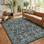 GarveeHome 8x10 Area Rugs, Washable Rugs for Living Room Non Slip Stain Resistant Ultra Soft Floral Rug, Boho Carpet Floor Mat for Bedroom Dining Room Nursery Playroom Office, Black