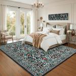 GarveeHome 8x10 Area Rugs, Washable Rugs for Living Room Non Slip Stain Resistant Ultra Soft Floral Rug, Boho Carpet Floor Mat for Bedroom Dining Room Nursery Playroom Office, Black