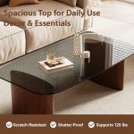 Modern Glass Coffee Table, Coffee Table for Living Room,Tempered Glass-top with Sturdy Wooden Base, Modern Coffee Tables for Small Space, Apartment, Office, Minimalist Design (Walnut)