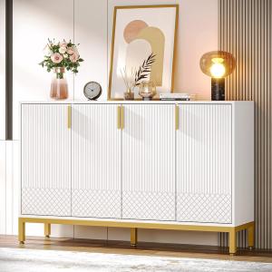 Modern Storage Cabinet, 59 Inch Console Buffet Cabinet Sideboard with 4 Doors & Gold Metal Base for Dining Room, Living Room