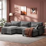 Marsail Modular Sectional Sofa 110.6" U-Shaped Modern Comfy Cloud Couch, 5-Seat Chenille Deep Seat Sofa with Throw Pillow & Movable Ottoman for Living Room, Bedroom and Apartment, Grey
