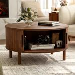 ZttRiee Coffee Table for Living Room, Modern Round Coffee Table with Cabinets & Sliding Doors, Home Small Space, 29.9" Fluted Center Table, Walnut
