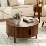ZttRiee Coffee Table for Living Room, Modern Round Coffee Table with Cabinets & Sliding Doors, Home Small Space, 29.9" Fluted Center Table, Walnut