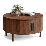 ZttRiee Coffee Table for Living Room, Modern Round Coffee Table with Cabinets & Sliding Doors, Home Small Space, 29.9" Fluted Center Table, Walnut