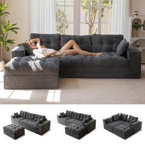 MAXYOYO 104" L Shaped Modular Sectional Sofa with Ottoman, Cloud Boneless Couch with Layered Cushion, Upholstered Sofa in a Box, Flexible Module Combination for Living Room, No Assembly, Dark Grey