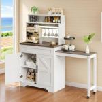 Coffee Bars Farmhouse Cabinet with Hutch, 56.7'' Extendable Kitchen Buffet Sideboard with 5 Hooks, Magnetic Note Zone Adjustabl