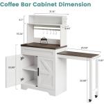 Coffee Bars Farmhouse Cabinet with Hutch, 56.7'' Extendable Kitchen Buffet Sideboard with 5 Hooks, Magnetic Note Zone Adjustabl