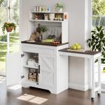 Coffee Bars Farmhouse Cabinet with Hutch, 56.7'' Extendable Kitchen Buffet Sideboard with 5 Hooks, Magnetic Note Zone Adjustabl