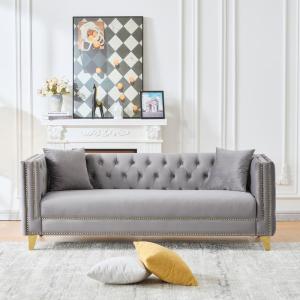 Modern 3-Seater Chesterfield Velvet Sofa, Deep Seat Couch with Button Nailhead Trim, Square Arm Design for Living Room,