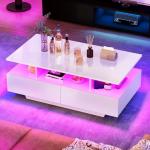 YITAHOME LED Coffee Tables for Living Room, High Glossy Coffee Table with Storage 4 Sliding Drawers, Small Rectangular LED Coffee Table Center Table with Open Display Shelf, Glossy White