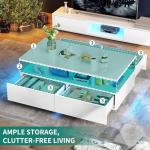 YITAHOME LED Coffee Tables for Living Room, High Glossy Coffee Table with Storage 4 Sliding Drawers, Small Rectangular LED Coffee Table Center Table with Open Display Shelf, Glossy White