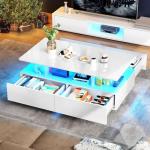 YITAHOME LED Coffee Tables for Living Room, High Glossy Coffee Table with Storage 4 Sliding Drawers, Small Rectangular LED Coffee Table Center Table with Open Display Shelf, Glossy White