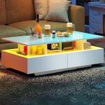 YITAHOME LED Coffee Tables for Living Room, High Glossy Coffee Table with Storage 4 Sliding Drawers, Small Rectangular LED Coffee Table Center Table with Open Display Shelf, Glossy White