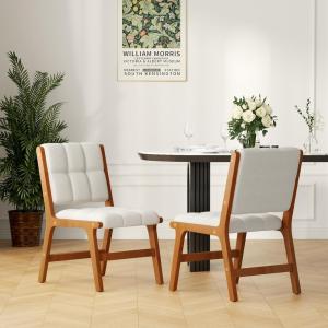 Oak Wooden Dining Chairs Set of 2, Mid-Century Modern Linen Fabric Upholstered Kitchen Chair, Farmhouse Dining Room Chairs with