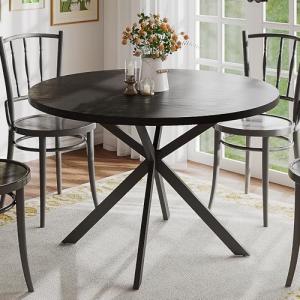 ChooChoo 47.2 Inch Round Dining Table for 4, Farmhouse Wood Kitchen Table, Circle Dinner Table for Kitchen & Dining Room, Black