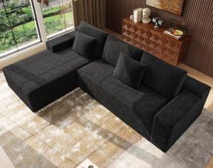 Boneless Modular Sectional Sofa, Cloud Couch with Left Facing Chaise, Oversized Deep Seat, L-Shaped, Soft Corduroy Fabric, Sectional Couch for Living Room -Black